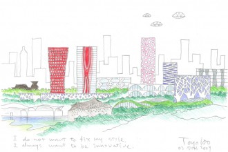 Toyo Ito. L'assoluta libertà di forma è caratteristica del grande architetto giapponese. Nel suo schizzo paesaggistico si nota la presenza del verde fra i grattacieli