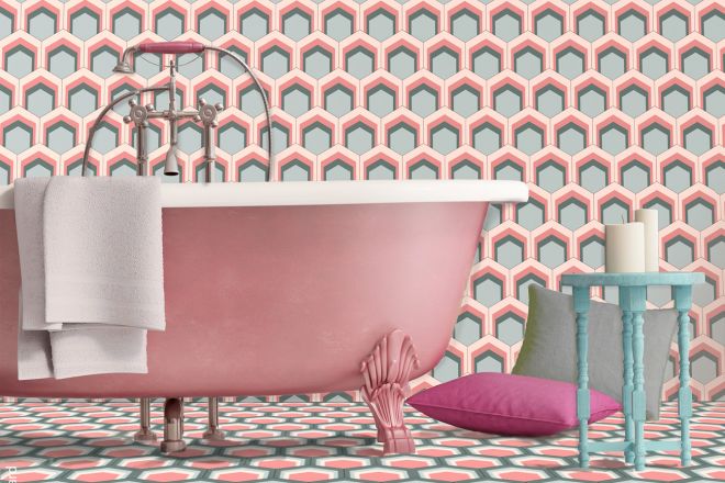decorare con i pattern - classic pink bathtub with a stool and aged wood floor