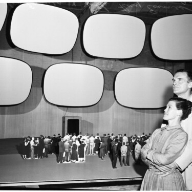 Charles and Ray Eames Russian exhibit at press conference, 1959
